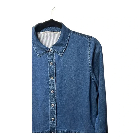 1252. SOFT SURROUNDINGS DENIM BUTTON UP TOP ROUND BOTTOM POCKETS SIZE SMALL BLUE - Picture 2 of 10